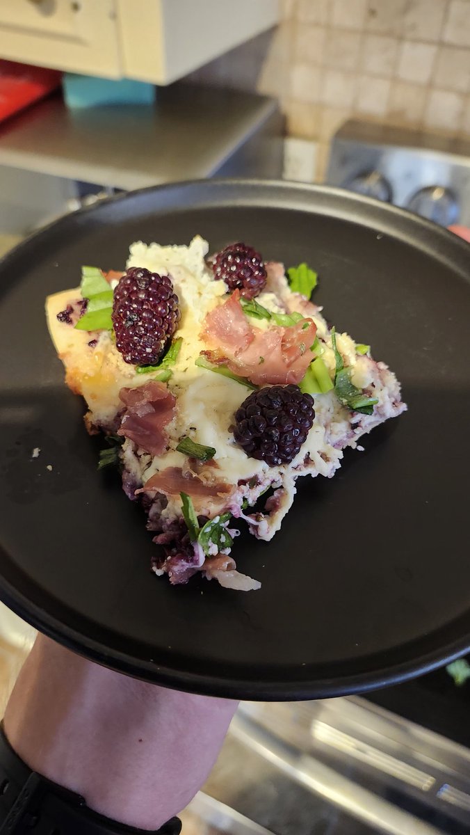 Your otter boyfriend is like fuck it imma get you that blackberry ricotta pizza with basil and prosciutto and it turned out surprisingly flavourful.