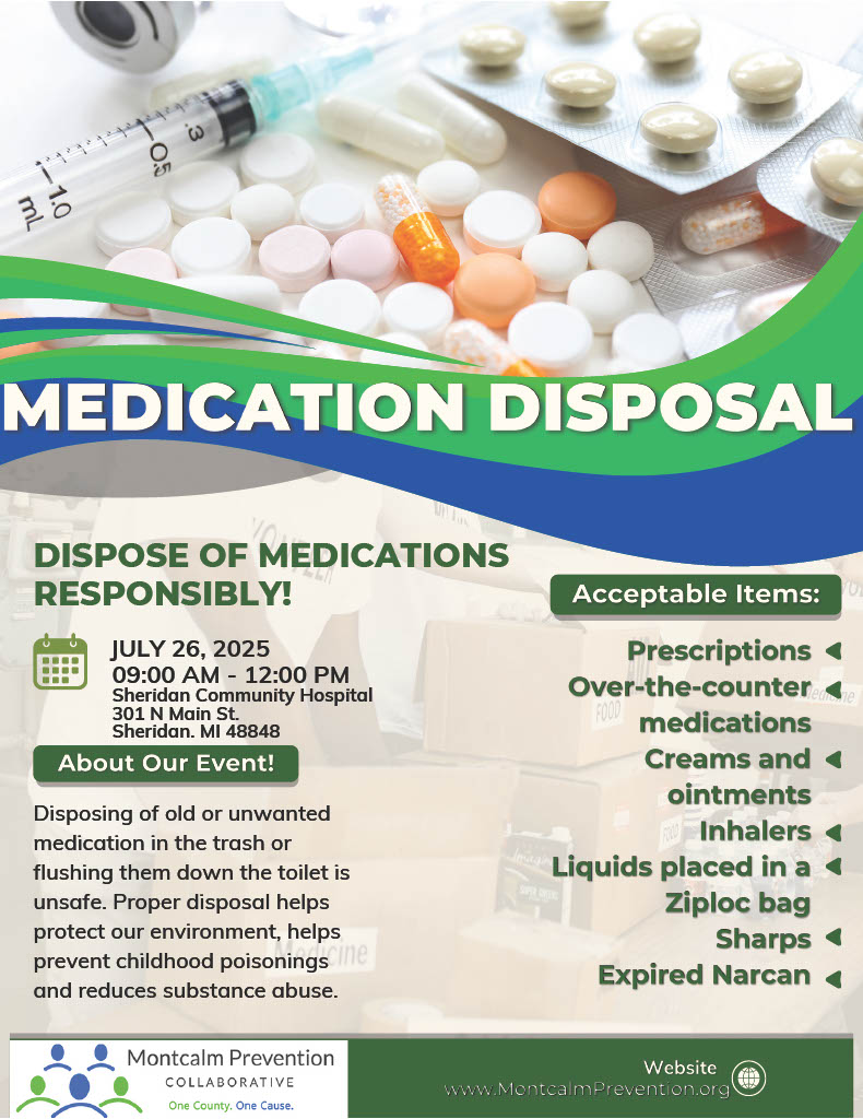 MontPrevention's tweet image. 💊 Got unused meds? Drop them off safely!
🗓️ July 26 | ⏰ 9AM–12PM
📍 Sheridan Community Hospital
Help prevent misuse, protect kids, and keep our water clean. ♻️