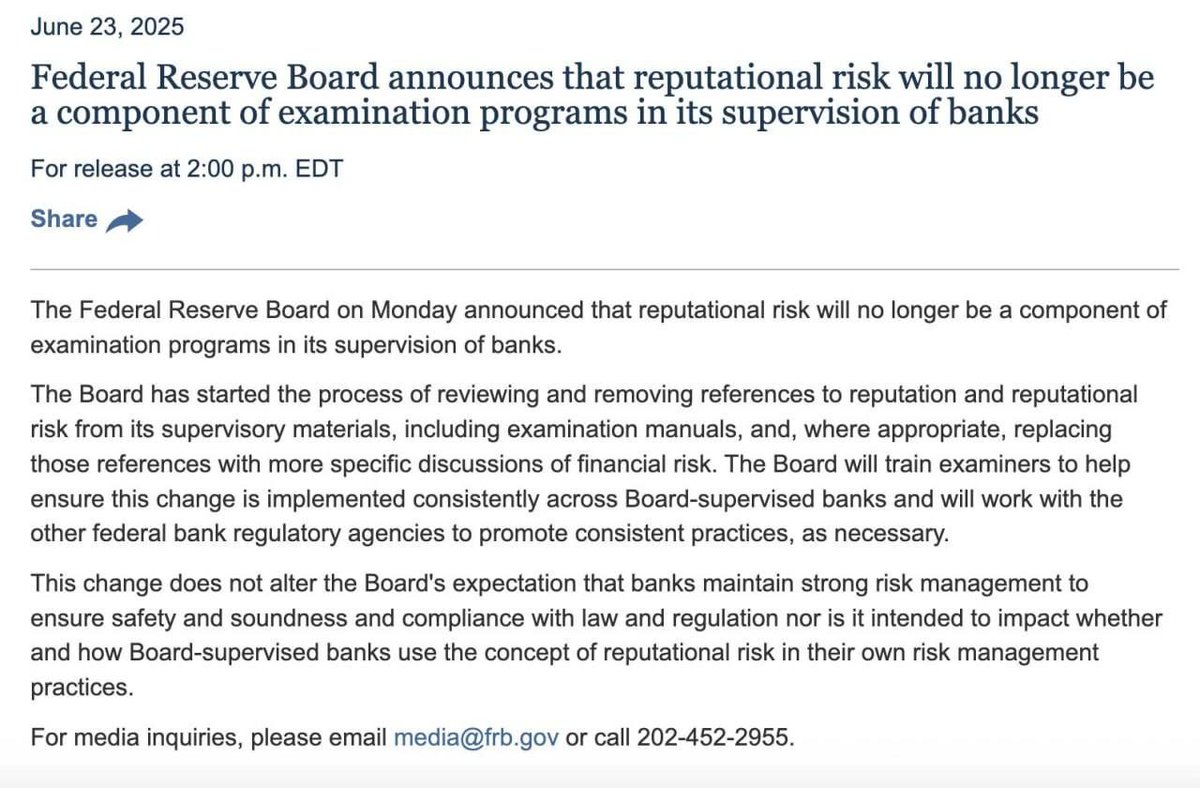 🔥BREAKING🔥

🇺🇸 FED JUST REMOVED "REPUTATIONAL RISK" EASING #CRYPTO BANKING RESTRICTIONS.