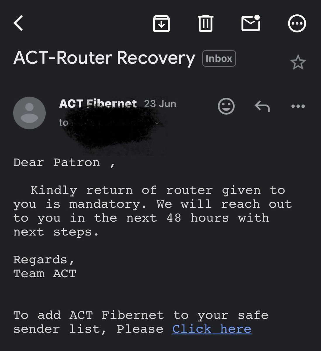 magantiTweets's tweet photo. @ACTFibernet I’ve told your router recovery team a dozen times to come &amp; collect the router on a weekend &amp; yet they never contact me on the weekend. So don’t send me passive aggressive mails when you guys are not capable of arranging a pickup &amp; collecting the damn router. 👎👎 https://t.co/KgVMTsuonv