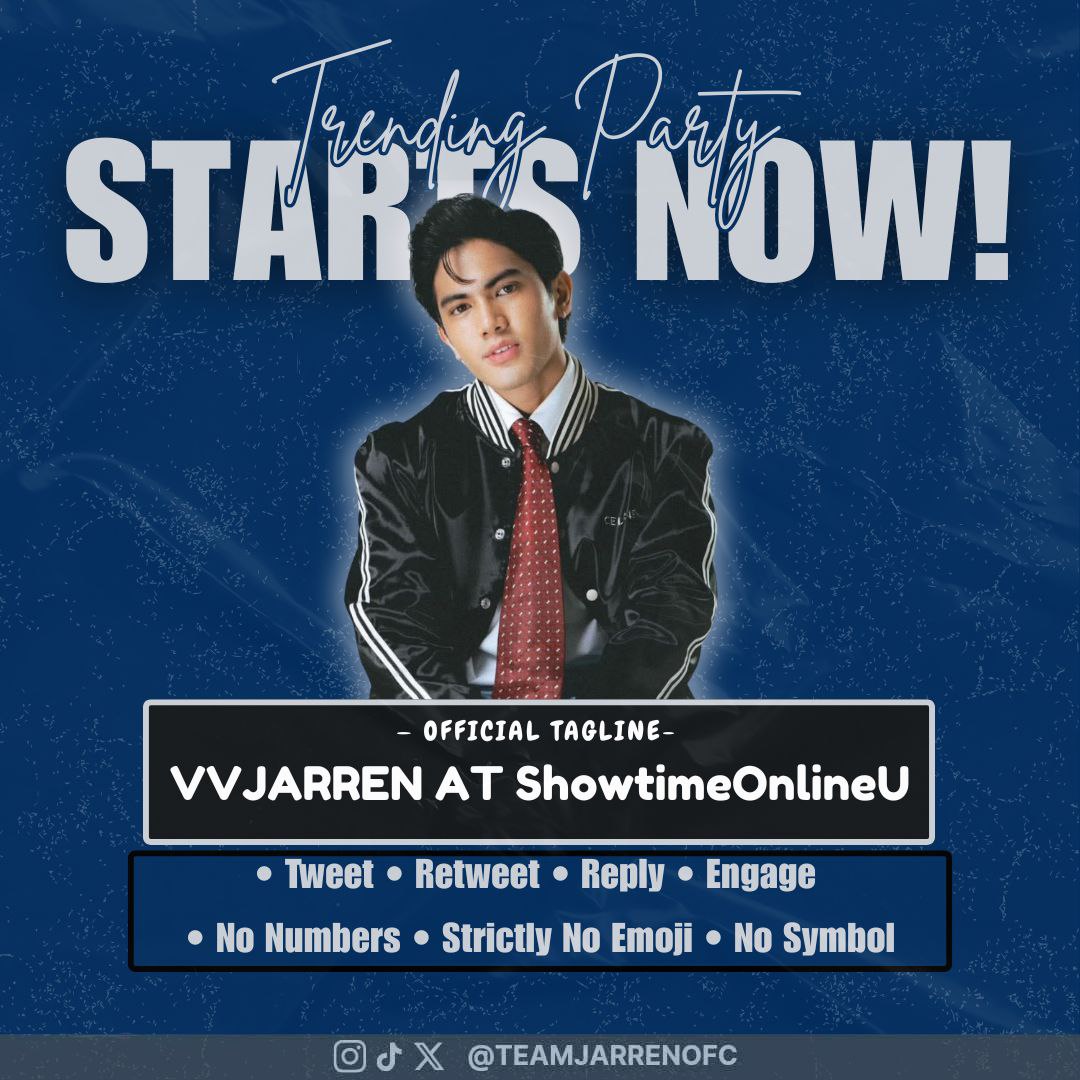 TRENDING PARTY STARTS NOW!

Official tagline: <a href="/jarrenglorious/">JARREN</a>
VJJARREN AT ShowtimeOnlineU

REMINDERS:
*No Emojis and Numbers
*Tweet some photos and videos
*Minimum of three words 
*Engage to big accounts 

Tweet • Retweet • Reply • Requote