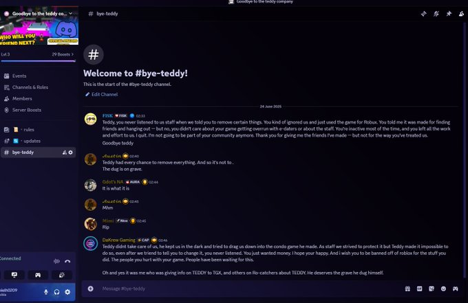 TheD_machine's tweet photo. Teddys discord gone. he deserved it. for how he treated us https://t.co/JJ9heK7coF