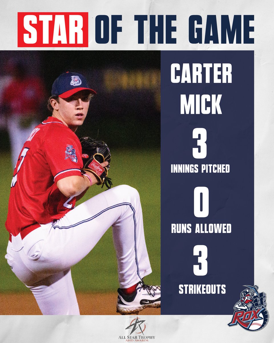 Your All-Star Trophy and Awards Star of the Game recipient of the night is <a href="/CarterMick5/">Carter Mick</a> of <a href="/OmahaBSB/">Omaha Baseball</a> who threw 3 innings of shutout ball.

#RoxSolidFun