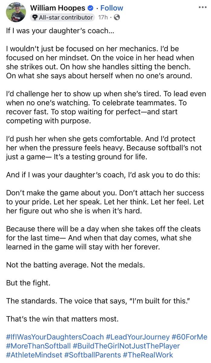 “If I was your daughter’s coach” -William Hoopes 

Mindset matters!