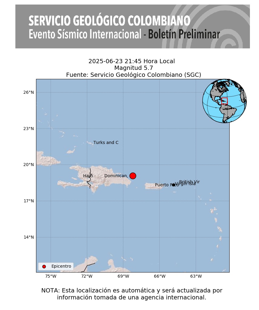 #SismosColombiaSGC Evento Sísmico Internacional - Boletín Preliminar, 2025-06-23, 21:45 hora local. Magnitud 5.7. #NoticiaEnDesarrollo #Temblor #Sismo Más información: sgc.gov.co/sismos