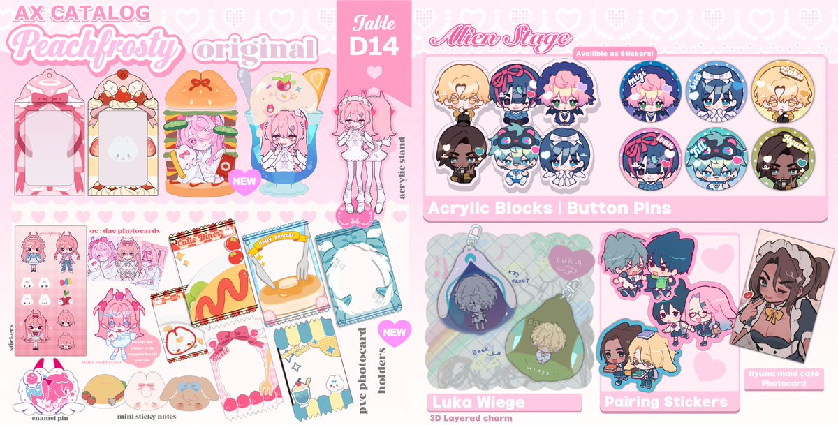 peachfrosty's tweet image. Hello #AX2025 💗!!  Here is my catalog for #AX2025ArtistAlley !!  I’ll be at table D14 this year so come say hi and maybe play some stamp rallies with me 🐇💗 [1/3]
#AXArtistAlley2025 #AnimeExpo #AXcatalog