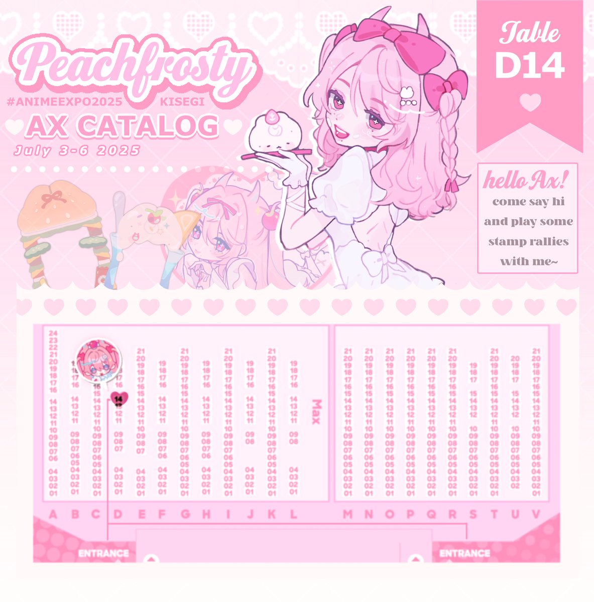 peachfrosty's tweet image. Hello #AX2025 💗!!  Here is my catalog for #AX2025ArtistAlley !!  I’ll be at table D14 this year so come say hi and maybe play some stamp rallies with me 🐇💗 [1/3]
#AXArtistAlley2025 #AnimeExpo #AXcatalog