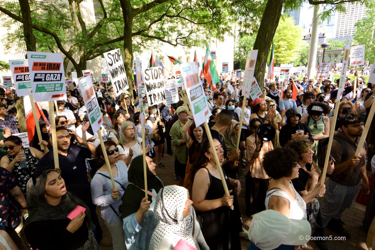 Goemon5's tweet photo. A few photos from the #protest march against the #bombing of #iran through the Israeli and US oppressors, who keep murdering civilians to keep the war criminal #NetanyahuWarCriminal in power. #toronto #marchforpeace #israelisterroriststate https://t.co/SOTm3AQBEM