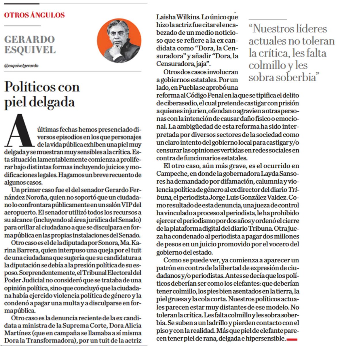 Gerardo Esquivel (@esquivelgerardo) on Twitter photo Comparto mi artículo de esta semana en <a href="/Milenio/">Milenio</a>: "Políticos con piel delgada" Comparto mi artículo de esta semana en <a href="/Milenio/">Milenio</a>: "Políticos con piel delgada"