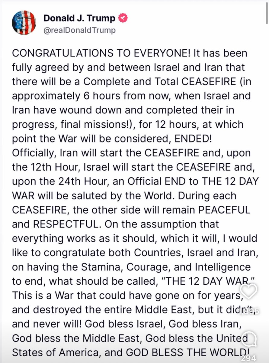 +++ EIL +++

Wir wurden von Alarmen geweckt, um dann die Ankündigung von Trump über eine Waffenstillstand zu lesen, der um 7 Uhr morgens in Kraft treten soll.
Das Regime dementiert dies aber gibt an, dass sollte Israel den Beschuss einstellen, sie dies auch tun würden. 

#Israel