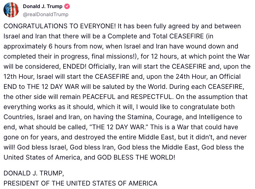 mumatauae's tweet photo. 🚨  BREAKING: Trump announces Israel - Iran ceasefire!

It's Over! Crypto pumps. 
#bitcoin #Ethereum #Iran #IranIsraelConflict https://t.co/RQOwpGABwz