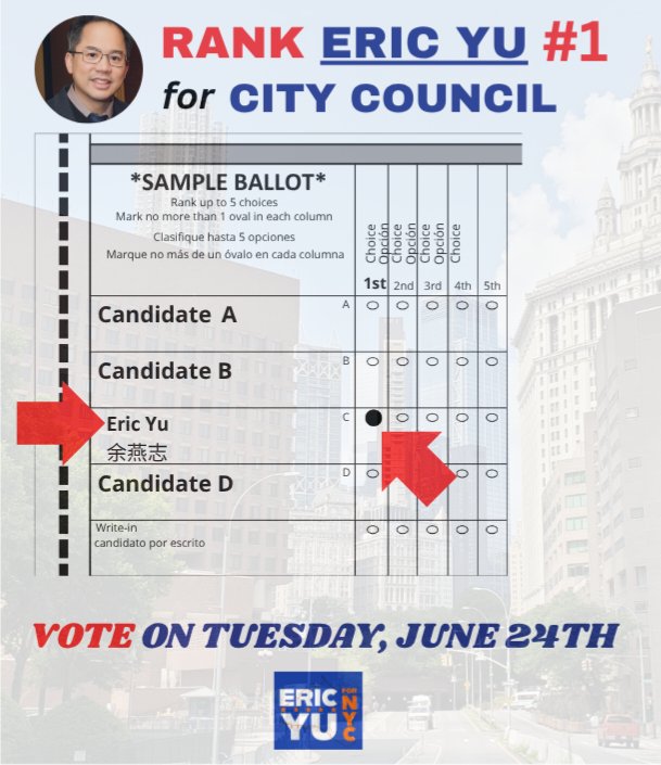 EricYuforNYC's tweet photo. Primary Day is tomorrow!

Public safety, economic vitality, &amp; back to basics focus on city services. We need our residents to feel safe &amp; focus on city services, which is the path to a safe &amp; prosperous Lower Manhattan.

RANK #1 Eric Yu for City Council #nyc #primaryday #vote https://t.co/vVlIslUa4M