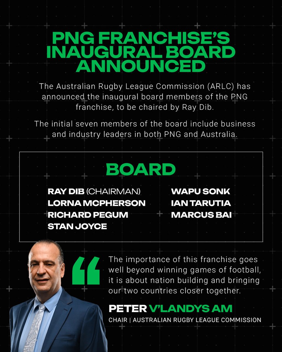 NRL (@nrl) on Twitter photo ✍️ PNG FRANCHISE’S INAUGURAL BOARD ANNOUNCED
“Rugby League is the number one sport in the Pacific, and this new Club will solidify Rugby League’s role as the unifying language of the region.” - ARLC Chairman, Peter V’landys AM. ✍️ PNG FRANCHISE’S INAUGURAL BOARD ANNOUNCED
“Rugby League is the number one sport in the Pacific, and this new Club will solidify Rugby League’s role as the unifying language of the region.” - ARLC Chairman, Peter V’landys AM.