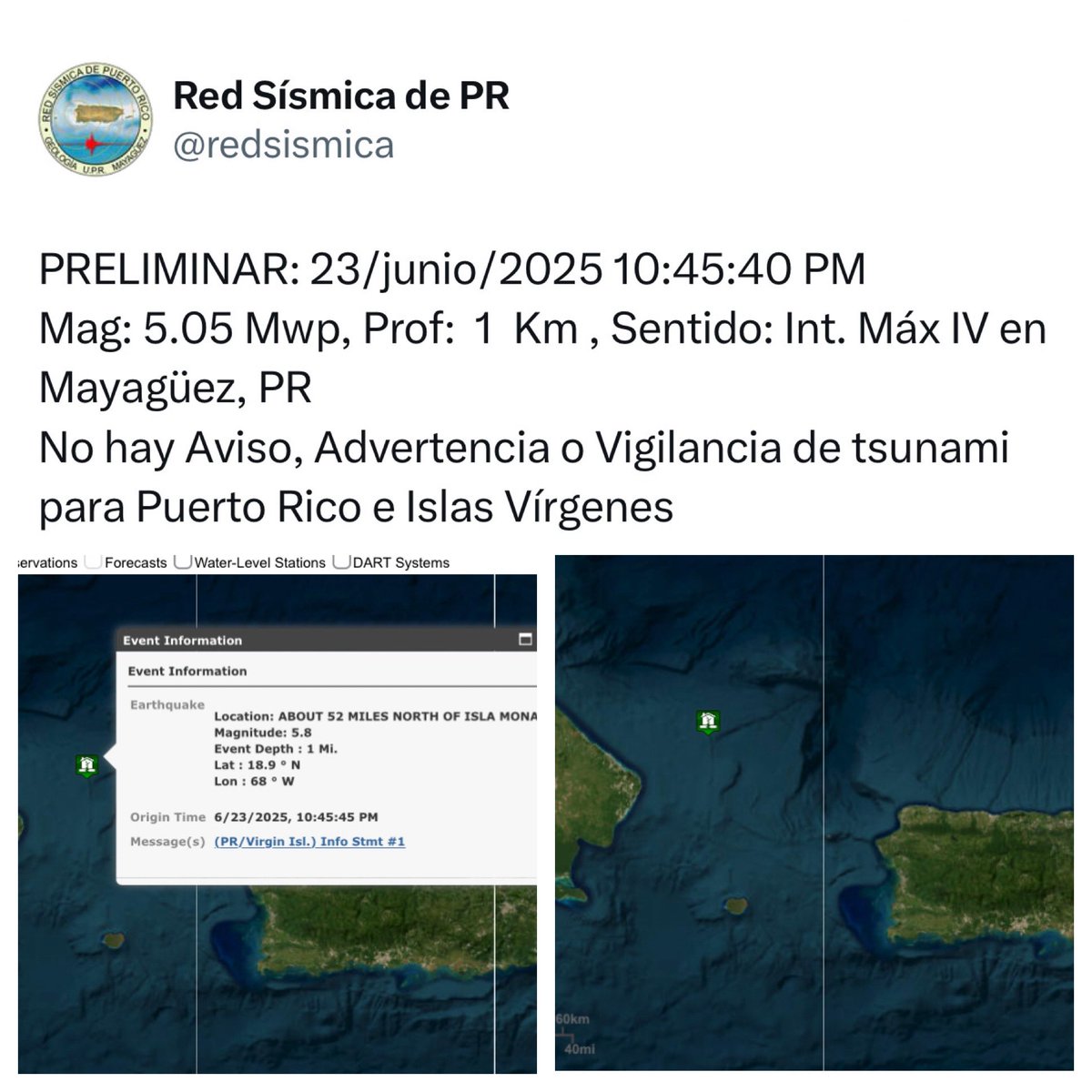 Temblor sentido a las 10:45pm magnitud preliminar 5.05 Mwp intensidad IV en Mayagüez. Epicentro al noreste de República Dominicana. No hay peligro de tsunami.