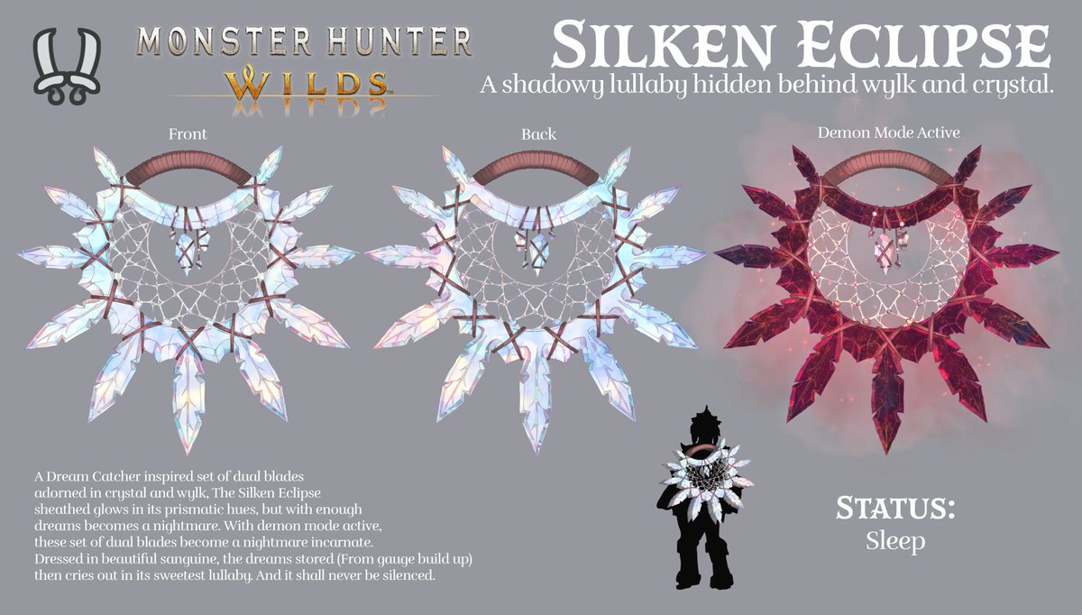 AnimasiDraws's tweet photo. The Silken Eclipse - DualBlade weapon entry.

#WeaponEntry  #MHWilds https://t.co/5jb7acsZHd