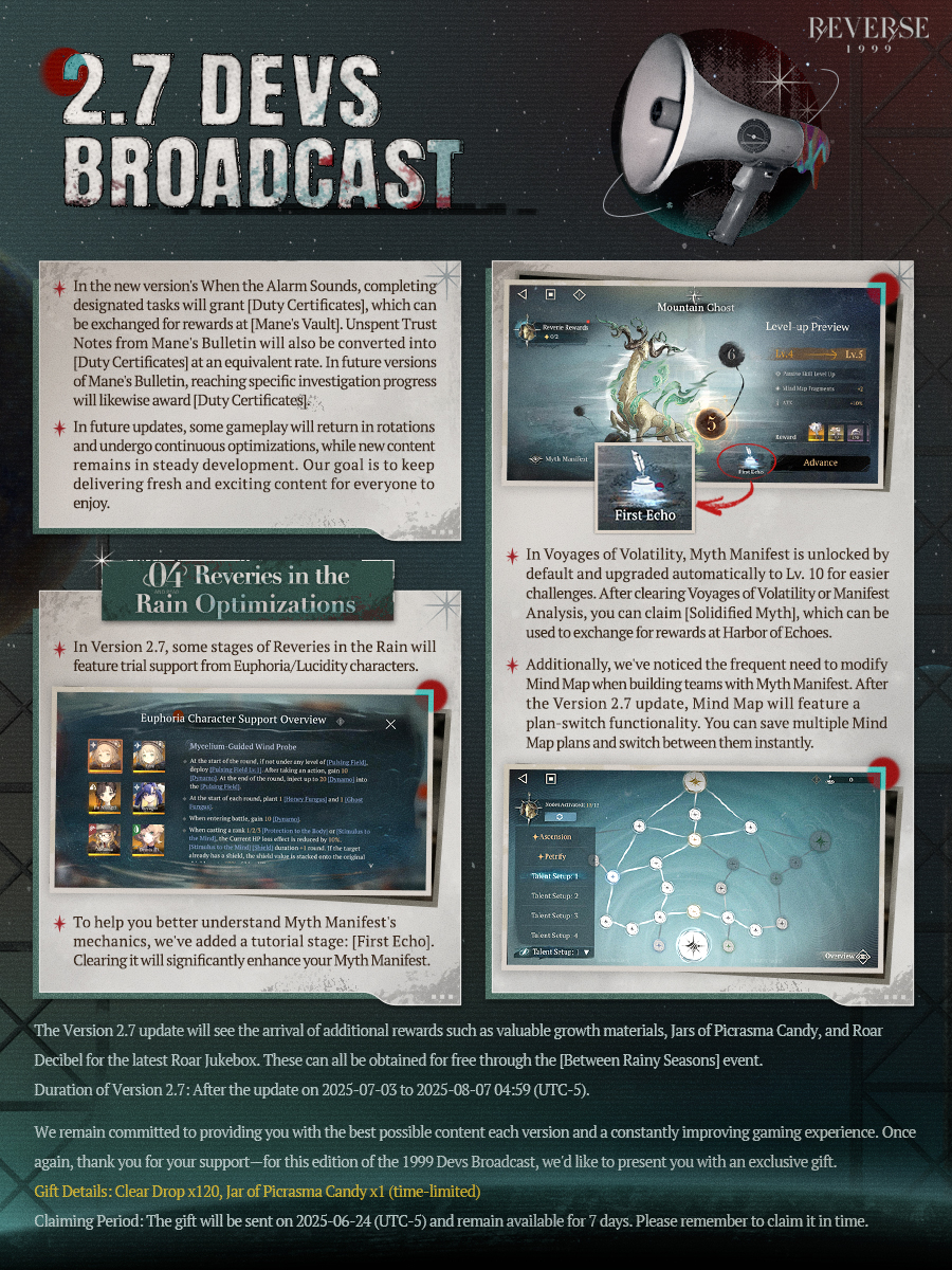 [Devs Broadcast]
Thanks for all the feedback and support. Version 2.7 1987 Cosmic Overture will launch on July 3rd (UTC-5) with new events, stories, and arcanists.

We've prepared the gifts for you:
▼Devs Broadcast Gift
Clear Dropx120
Jar of Picrasma Candy (time-limited)x1
