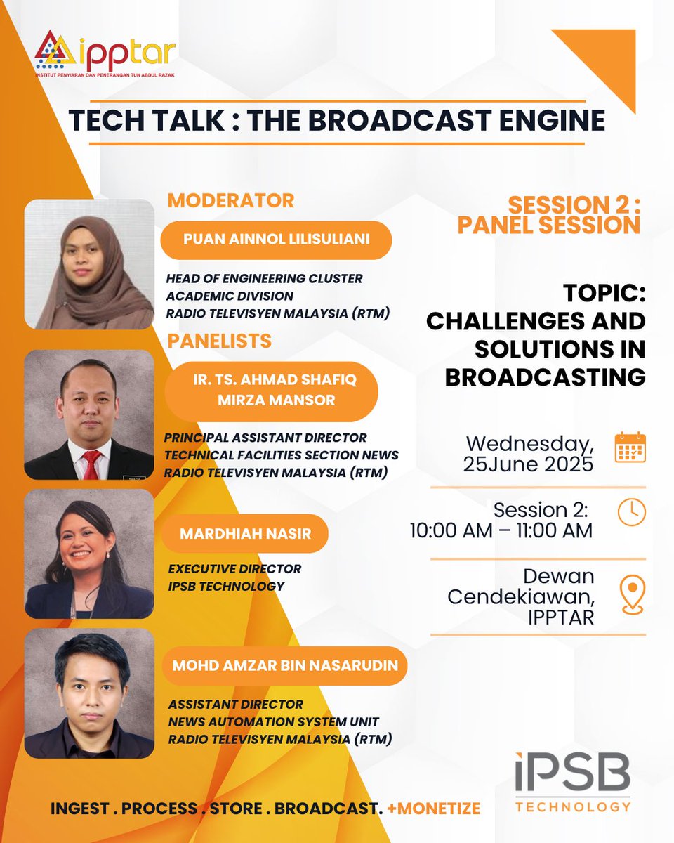 IPSBTechnology's tweet photo. Get ready! IPSB Technology will be participating in the upcoming IPPTAR Tech Talk: The Broadcast Engine, Wednesday, June 25, 2025, at Dewan Cendekiawan, IPPTAR.
This event is exclusively for civil servants.
#IPSBTechnology #IPPTAR #TechTalk #BroadcastEngine #RTM https://t.co/8CxB1bmMcd