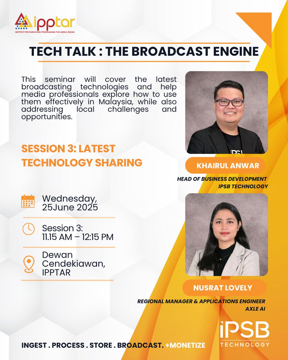 IPSBTechnology's tweet photo. Get ready! IPSB Technology will be participating in the upcoming IPPTAR Tech Talk: The Broadcast Engine, Wednesday, June 25, 2025, at Dewan Cendekiawan, IPPTAR.
This event is exclusively for civil servants.
#IPSBTechnology #IPPTAR #TechTalk #BroadcastEngine #RTM https://t.co/8CxB1bmMcd
