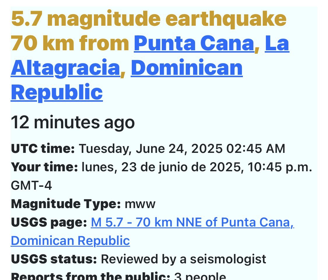Tembló la tierra esta noche!!
Magnitud: 5.7
A 70 kms de Punta Cana.
A las 10:45pm.