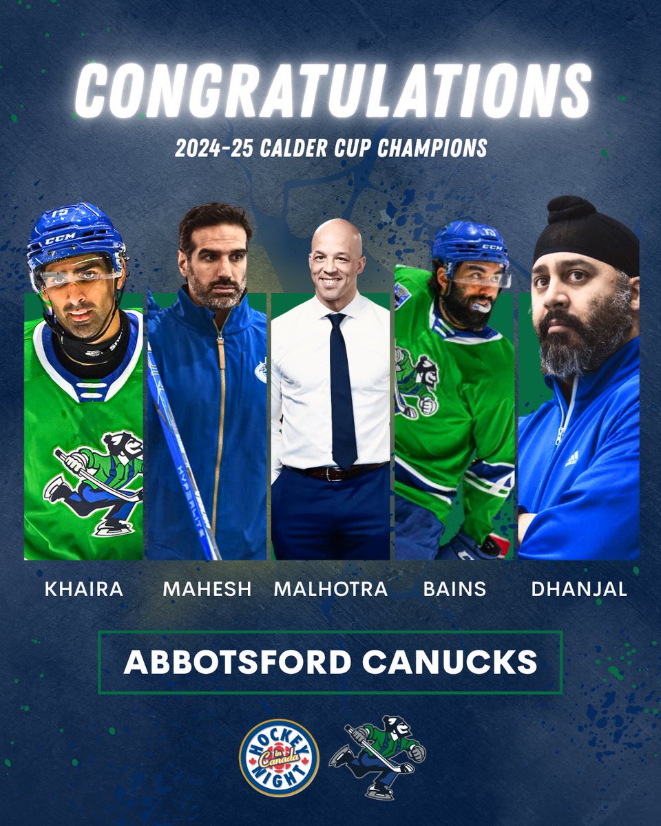 Congratulations to Coaches Manny Malhotra and Harry Mahesh, players Arshdeep Bains and Jujhar Khaira, equipment manager Ramandeep “Chico” Dhanjal, and the entire Abbotsford Canucks organization on capturing the 2024–25 Calder Cup! 🏆🇨🇦

#HockeyNightPunjabi