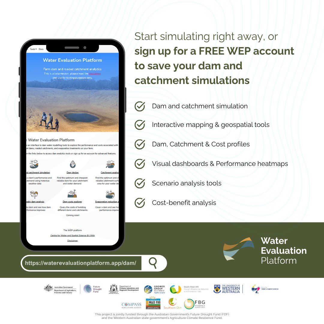GGA_WA's tweet photo. 🚰 The new Water Evaluation Platform is here. The #WaterSmartDams project WEP helps you simulate dam performance, design cost-effective solutions & plan ahead using historical weather data. Find out more & explore WEP https://t.co/OpMoQQrDe8
#SmartDams #WADroughtHub @CWSS_UWA https://t.co/3WRgQUvErC