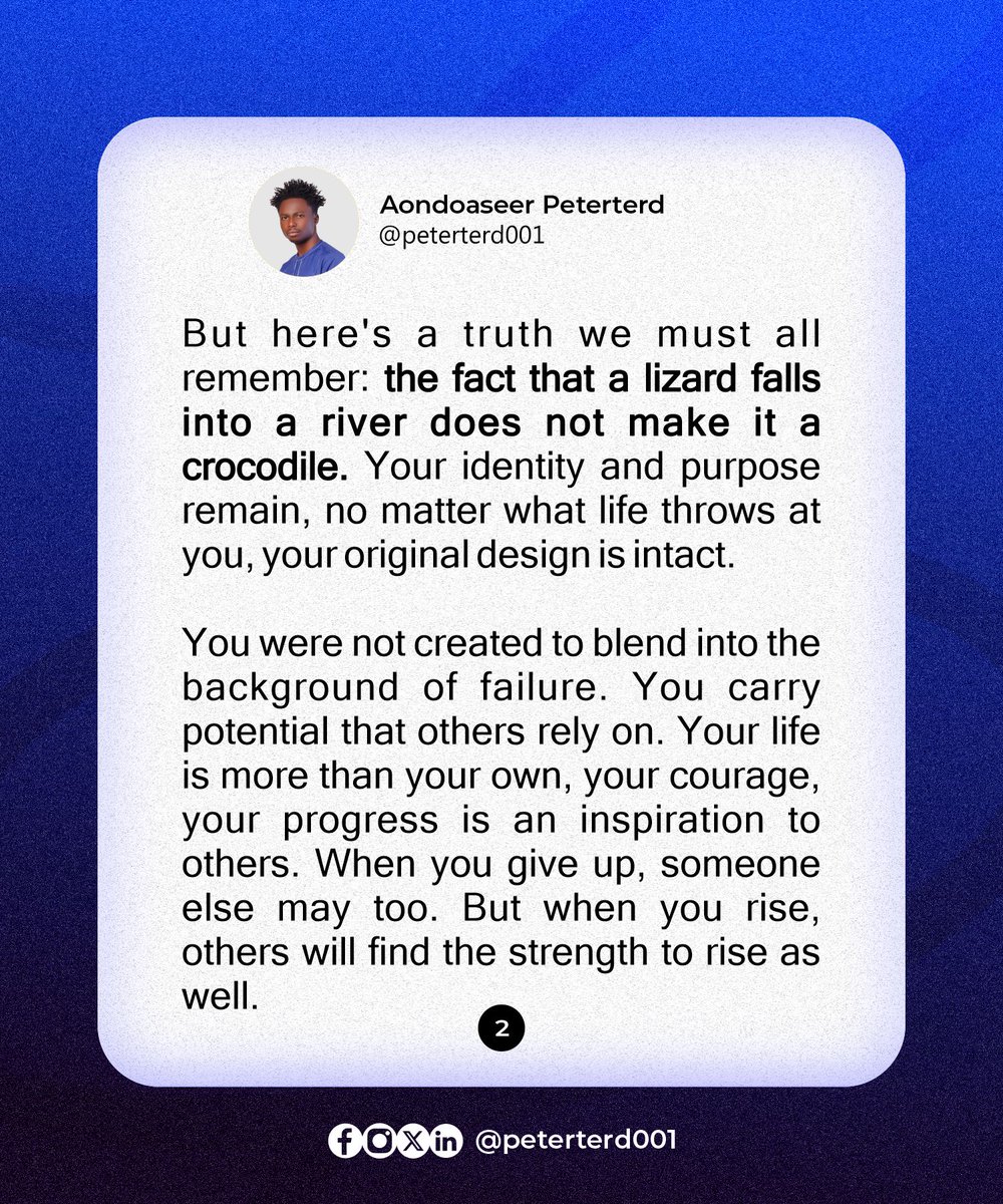 peterterd002's tweet image. Your Mandate Must Not Fail - Rise Up and Conquer!

In the journey of life, we are all born with unique embedded potentials waiting to be nurtured. 
#peterterd #Brainworks #potential #mandate #EnoughIsEnough #circumstances #destiny #itsessential #ThankWTwice #highlights #staytuned
