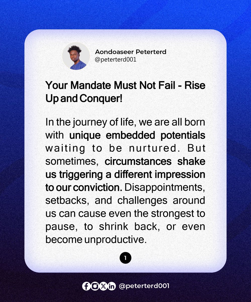 peterterd002's tweet image. Your Mandate Must Not Fail - Rise Up and Conquer!

In the journey of life, we are all born with unique embedded potentials waiting to be nurtured. 
#peterterd #Brainworks #potential #mandate #EnoughIsEnough #circumstances #destiny #itsessential #ThankWTwice #highlights #staytuned