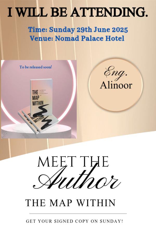 AbdiKarim Mohamed ๐ฐ๐ช (@karimkodes) on Twitter photo Itโs a pleasure to be attending the official launch of "The Map Within" by <a href="/ShukriMohamed21/">Shukri Mohamed</a> this Sunday, 29th June 2025 at Nomad Palace Hotel ๐โจ
Looking forward to meeting the author and getting my signed copy.
#TheMapWithin #BookLaunch #MeetTheAuthor Itโs a pleasure to be attending the official launch of "The Map Within" by <a href="/ShukriMohamed21/">Shukri Mohamed</a> this Sunday, 29th June 2025 at Nomad Palace Hotel ๐โจ
Looking forward to meeting the author and getting my signed copy.
#TheMapWithin #BookLaunch #MeetTheAuthor
