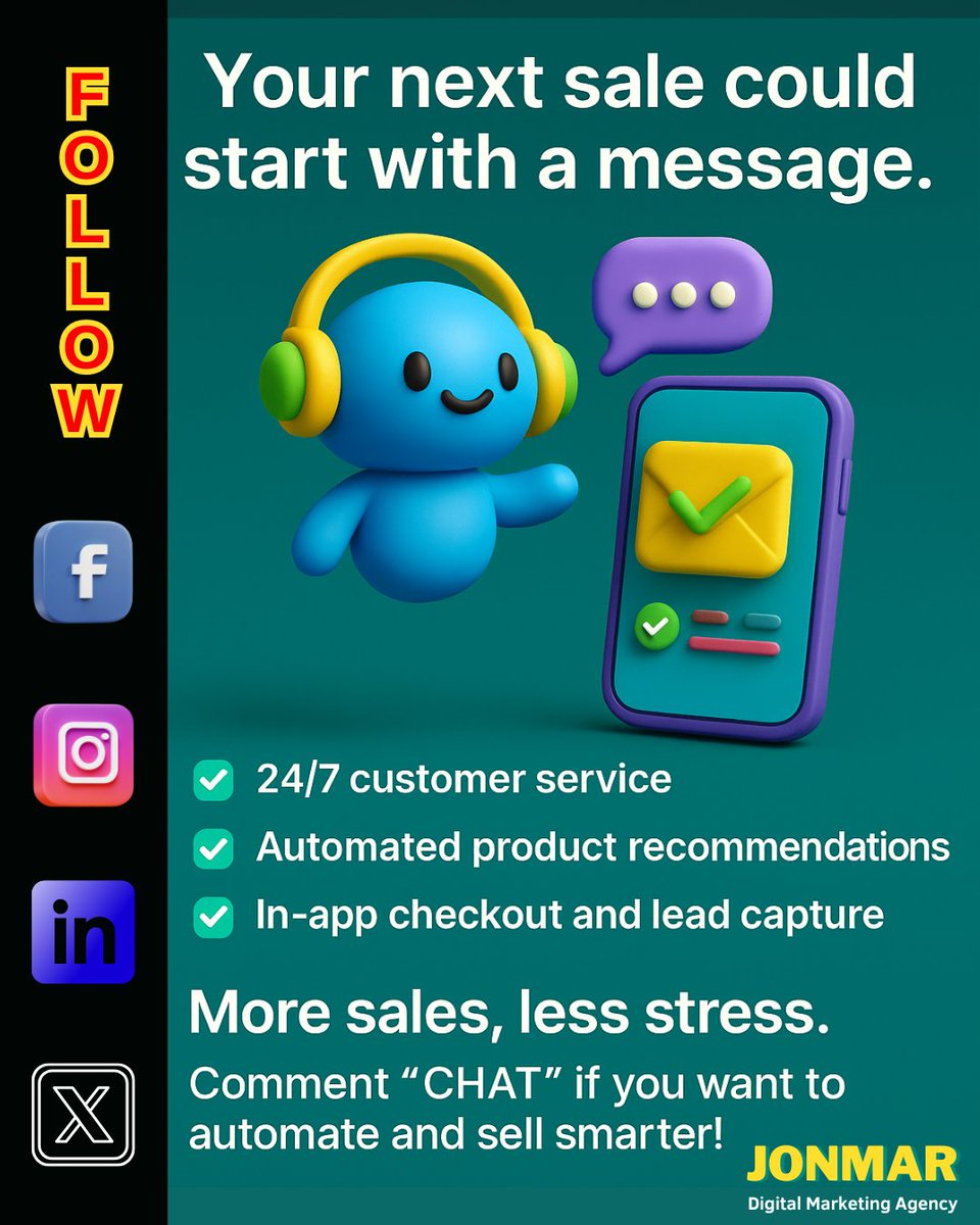 JonMarStore's tweet image. 💬 AI Chatbots = 24/7 sales &amp;amp; support 🤖
At JonMar.Store, we help brands:
✔️ Sell in Messenger &amp;amp; WhatsApp
✔️ Answer FAQs with bots
✔️ Close more deals, faster
Let conversations grow your business!
#ConversationalCommerce #JonMarStore #Chatbots #SalesTools #VoiceAI