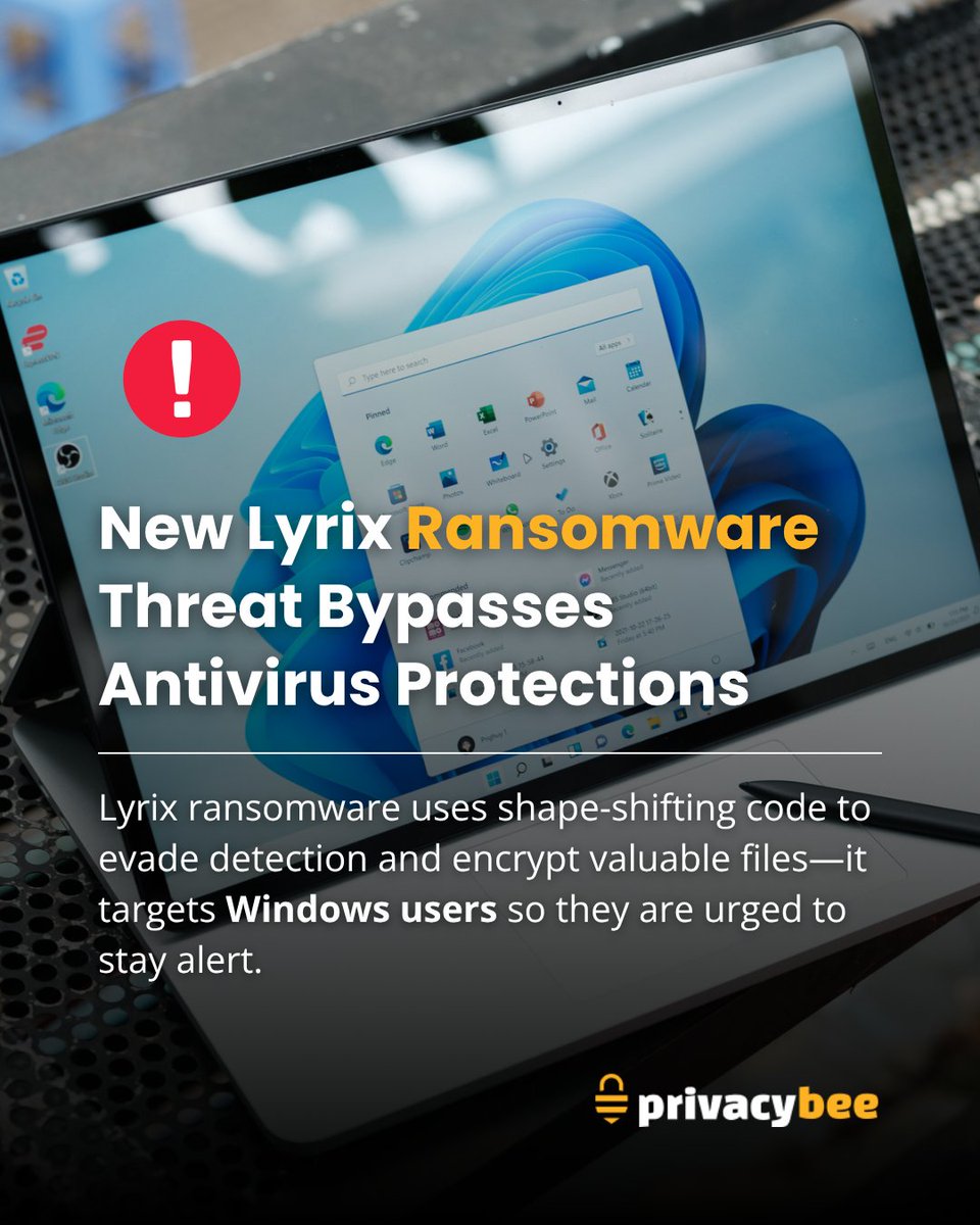 privacy_bee's tweet image. Heads up, Windows users: New ransomware Lyrix is on the loose—dodging antivirus with shape-shifting code, spreading via phishing &amp;amp; software flaws. Encrypts your data, demands ransom. Check out Privacy Bee for protection. #Ransomware #Lyrix #CyberSecurity #PrivacyBee #MalwareAlert