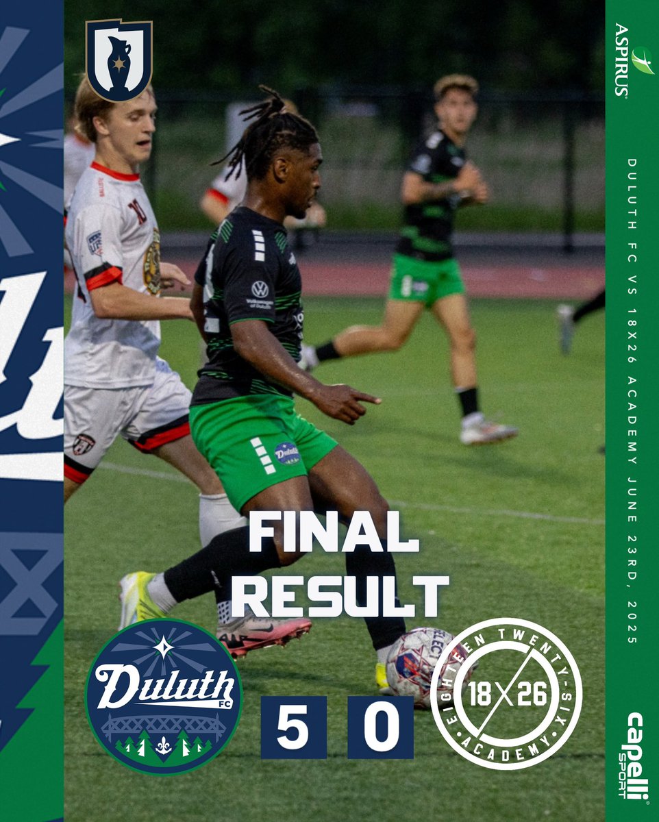 Final Result! Duluth wins 5x0 🔥🔵🟢 This result makes the BlueGreens tie with St. Croix Legends for the first position with the same points and goal difference. First and second places will be decided soon. Stay tuned! Duluth is still fighting for the trophy 🏆💪