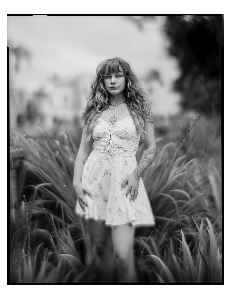 Farrah
Lotus 8x10
Kodak 305mm soft focus 
@ f4.8 -2 stop ND
Ilford Delta 100 
Developer: Rodinal 1:25 / Jobo