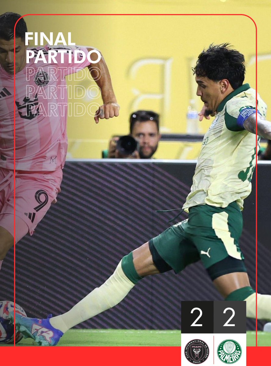 𝗣𝗮𝗹𝗺𝗲𝗶𝗿𝗮𝘀 e 𝗜𝗻𝘁𝗲𝗿 𝗠𝗶𝗮𝗺𝗶 sellaron un empate 2‑2 que les bastó para asegurar su pase a la siguiente ronda del Mundial de Clubes .
Con este resultado, los equipos se mantienen firmes en lo más alto del Grupo A, empatados en 5 puntos, y consiguen su clasificación