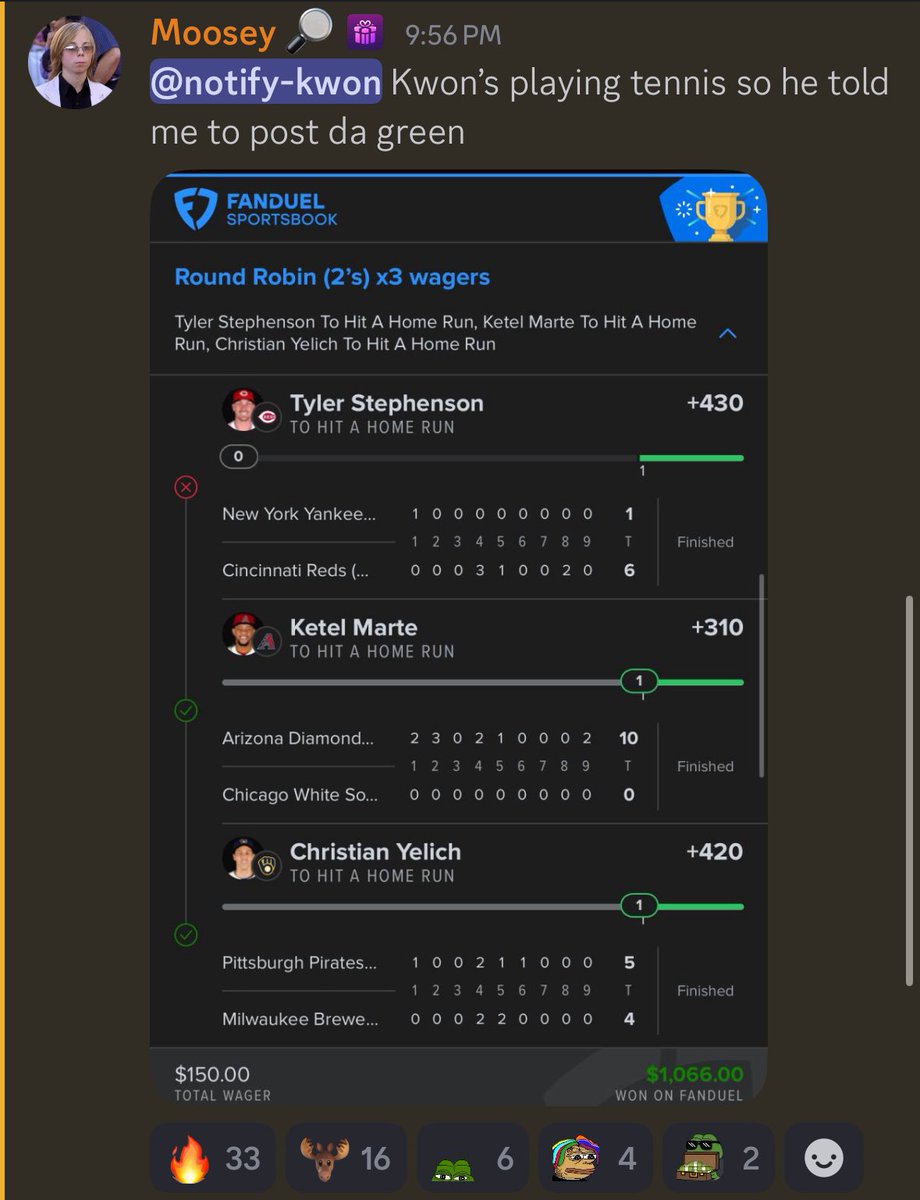 Cash this Home Run Round Robin from <a href="/MoooseTheGoat/">мooѕe ツ</a> &amp; <a href="/kwoooooooonn/">🧙🏽‍♂️</a> ⚾️

$150 ➡️ $1,066 💸

Posted in the discord ➡️ GoldBoys.com