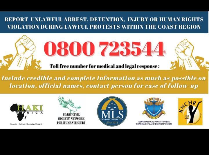 0️⃣0️⃣1️⃣ Activist 🇰🇪 (@shamir2edwine) on Twitter photo We are more ready than June 25th 2024
Be vigilant and walk in a group of 5-10 people
Lets reach out to below toll-free number
#OccupyEverywhere
#JusticeForBonifaceKariuki
#Justice4OurMashujaa
<a href="/HakiYetuOrg/">Haki Yetu</a> <a href="/HakiKNCHR/">KNCHR</a> <a href="/CoastRights/">Coast Civil Society Network For Human Rights</a> <a href="/MombasaLaw/">Mombasa Law Society</a> <a href="/FaithOdhiambo8/">Faith Odhiambo</a> <a href="/HakiAfrica/">HAKI Africa</a> We are more ready than June 25th 2024
Be vigilant and walk in a group of 5-10 people
Lets reach out to below toll-free number
#OccupyEverywhere
#JusticeForBonifaceKariuki
#Justice4OurMashujaa
<a href="/HakiYetuOrg/">Haki Yetu</a> <a href="/HakiKNCHR/">KNCHR</a> <a href="/CoastRights/">Coast Civil Society Network For Human Rights</a> <a href="/MombasaLaw/">Mombasa Law Society</a> <a href="/FaithOdhiambo8/">Faith Odhiambo</a> <a href="/HakiAfrica/">HAKI Africa</a>