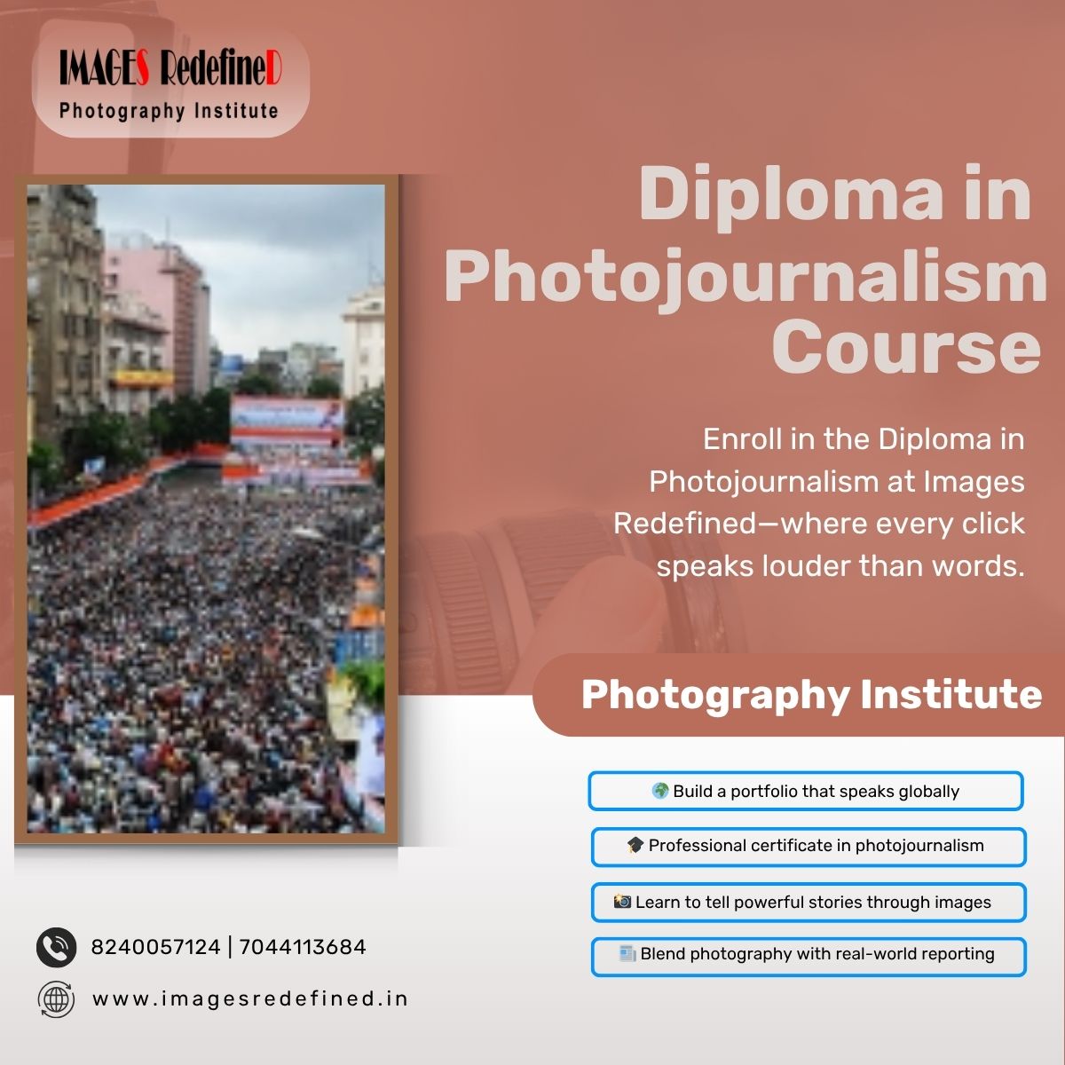 Images_Redefine's tweet photo. 🎓 Capture Truth. Frame Stories.
📸 Enroll in the Diploma in Photojournalism at Images Redefined—where every shot has a story to tell.

📞 8240057124 | 7044113684

#diplomajournalism #weddingphotographycourse #capturethemoment #imagesredefinedphotographyinstitut https://t.co/7Y2sl9xKJ9