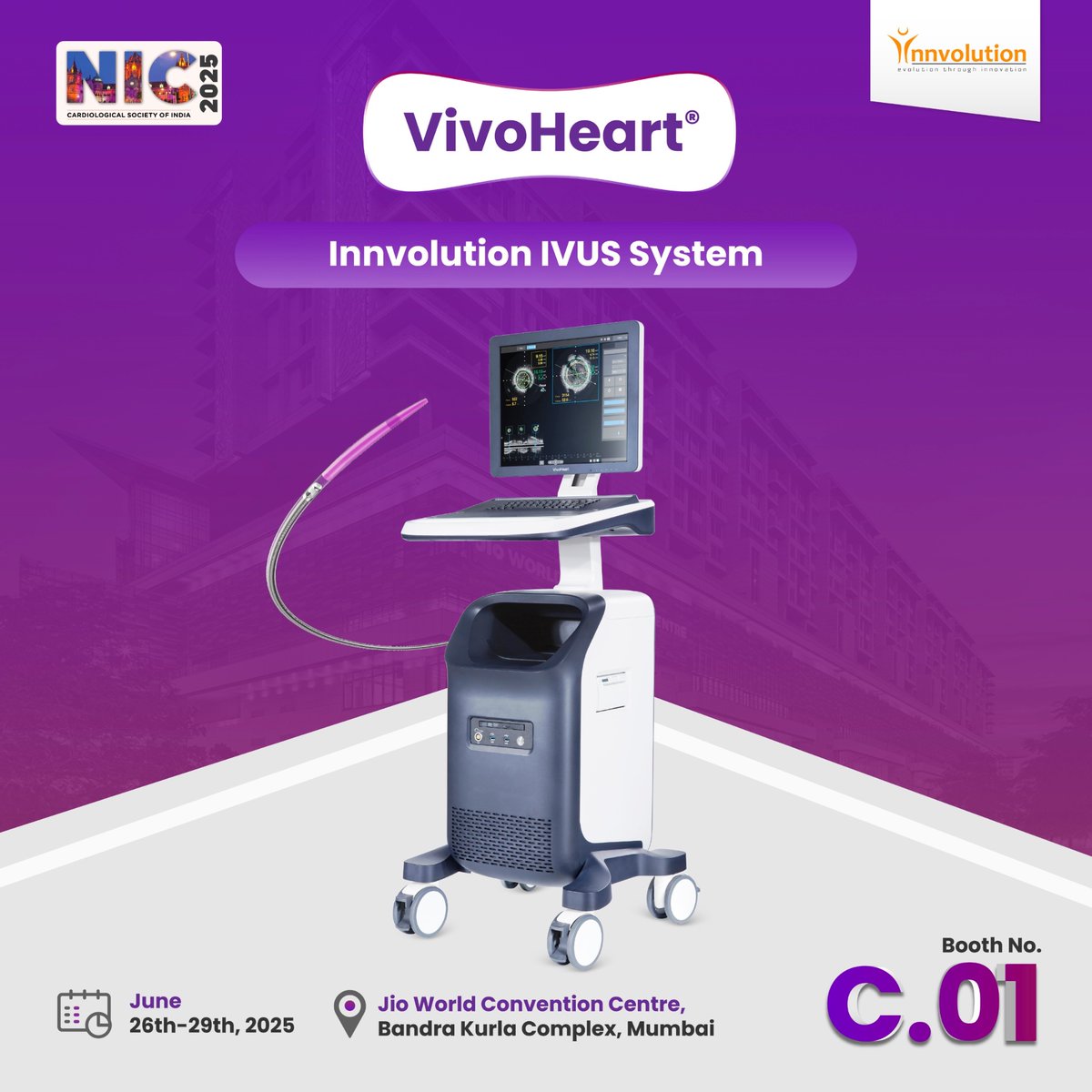 Join us at NIC 2025 – June 26 to 29 at Jio World Convention Centre, Mumbai. 

Visit Innvolution Healthcare at Booth C.01

Discover the future of intravascular imaging with VivoHeart IVUS by Innvolution – designed to deliver smarter imaging for sharper interventions.

Key features