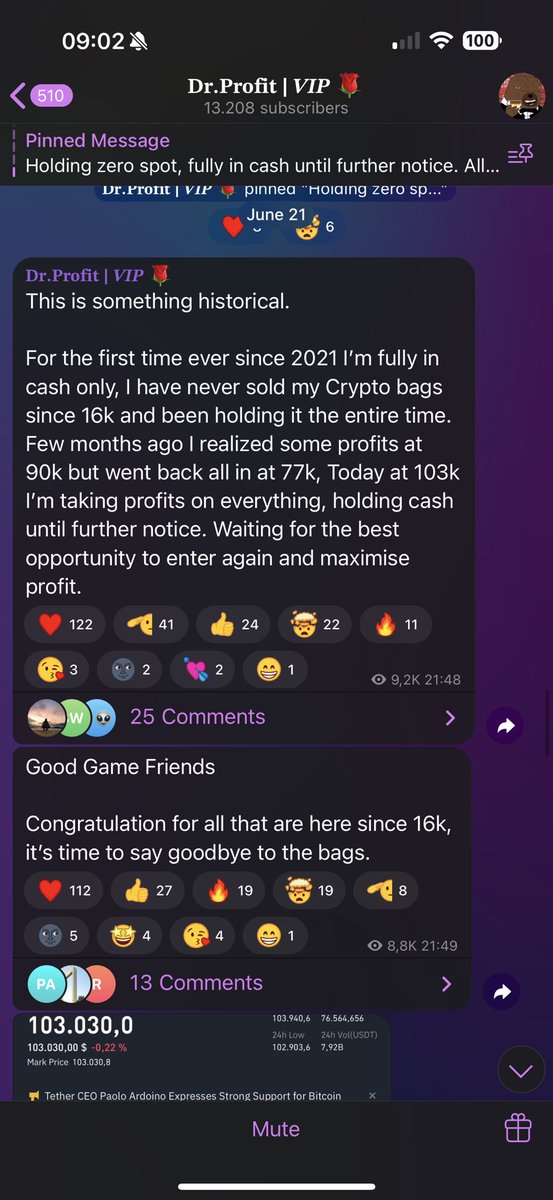 crypto_stardust's tweet photo. @DrProfitCrypto Lmao you’re such a liar. On jun 17 you sell alts and 25% btc at 106700, on jun 18 you buy back everything at 104500, then on jun 21 you sell everything at 103k and now you buy everything back at almost 105k. You’re probably at a loss doctor clown 🤡 https://t.co/onifY6i7is