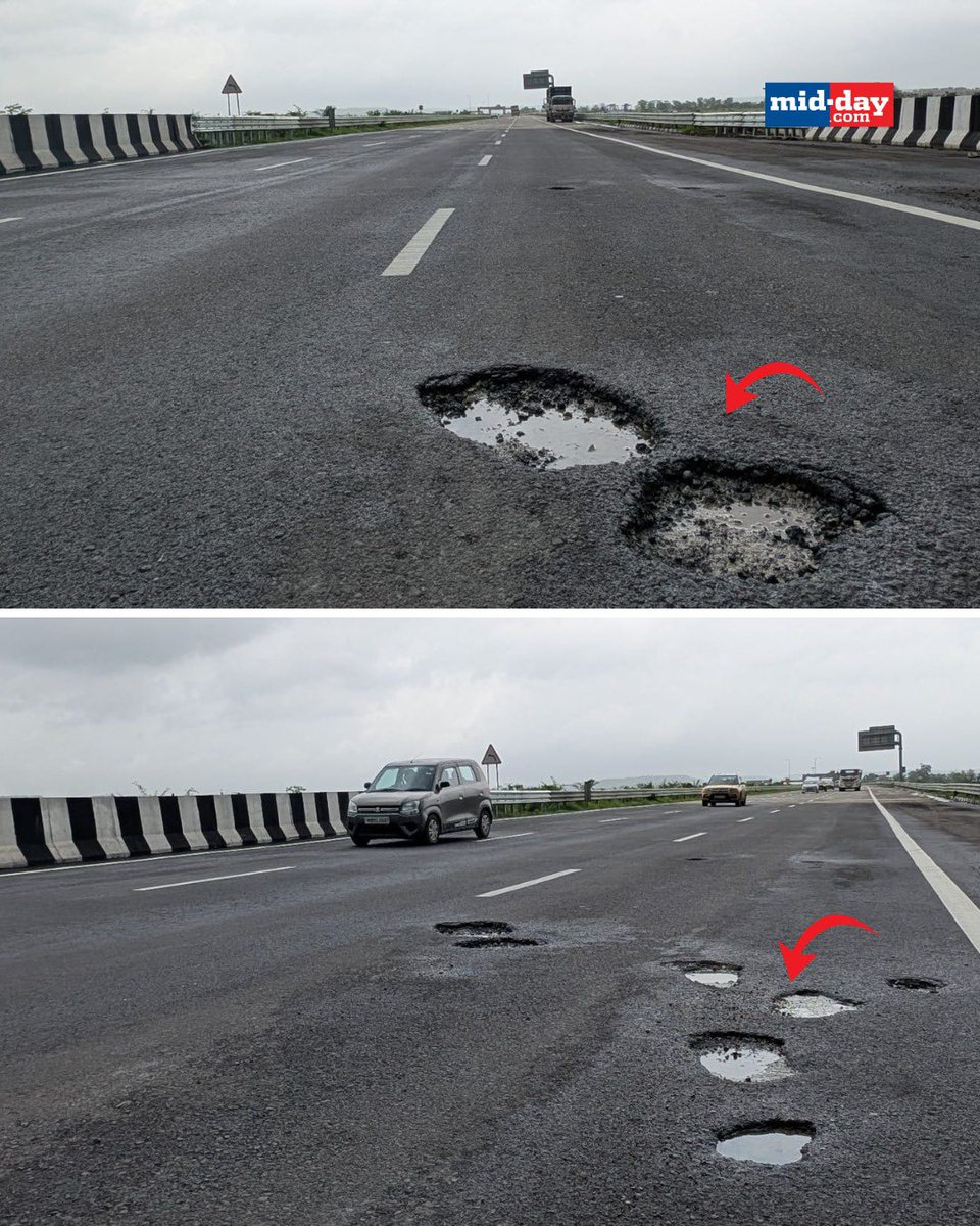 mid_day's tweet image. Potholes have emerged on the newly inaugurated 76-kilometre stretch of the Samruddhi Mahamarg between Igatpuri (Nashik) and Amane (near Mumbai), posing a serious threat to motorists cruising at high speeds. 

The stretch was inaugurated with much fanfare by Maharashtra Chief…