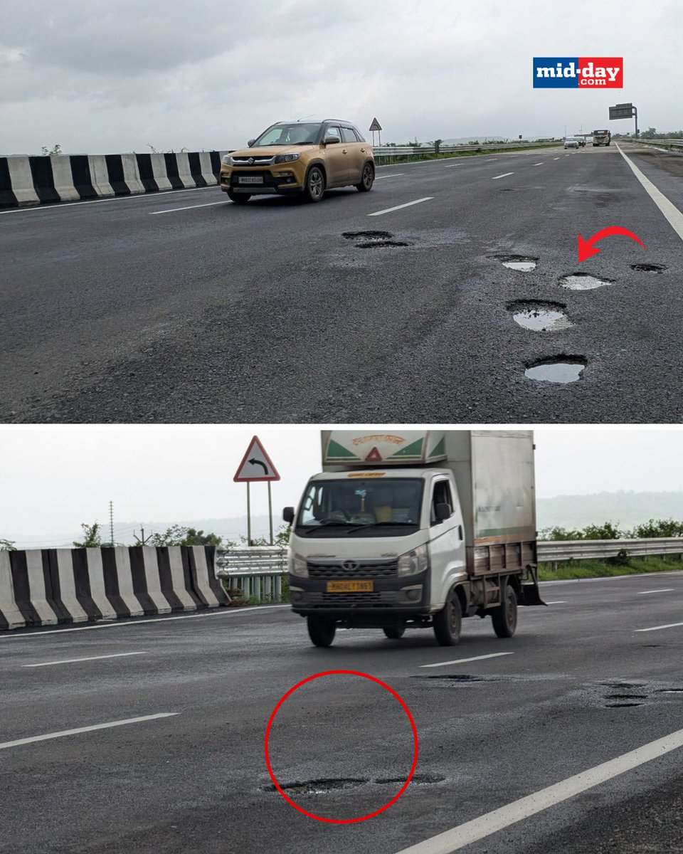 mid_day's tweet image. Potholes have emerged on the newly inaugurated 76-kilometre stretch of the Samruddhi Mahamarg between Igatpuri (Nashik) and Amane (near Mumbai), posing a serious threat to motorists cruising at high speeds. 

The stretch was inaugurated with much fanfare by Maharashtra Chief…