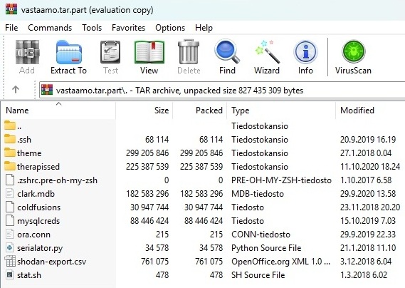 Wikipediassa on artikkeli Vastaamon tietomurrosta. Sen mukaan ei ole tarkalleen tiedossa, mitä kiristäjältä lipsahtanut vastaamo.tar-tiedosto piti sisällään.

Voin paljastaa, että 0,8 GB versio näyttää avattuna tältä. Suurin ladattu versio on 1,2 GB, ja siinä on sitten muutakin.