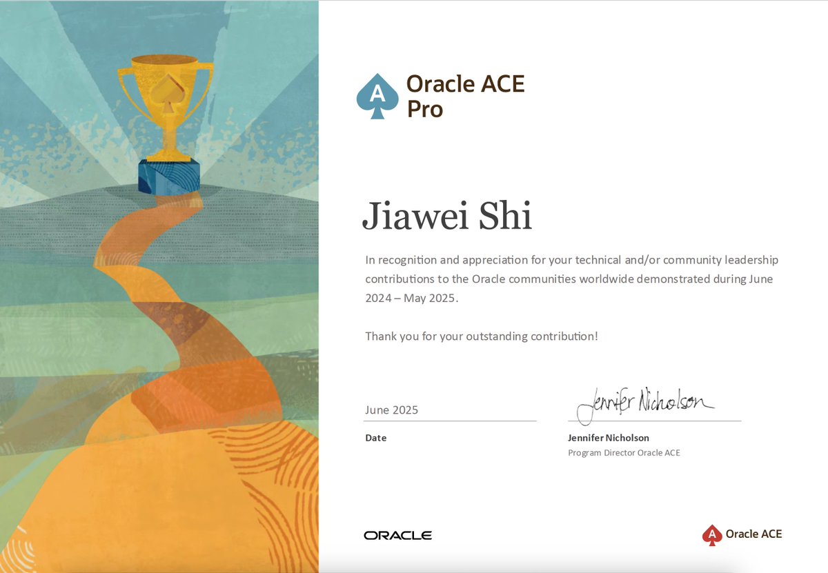 Honored to be recognized as an Oracle ACE Pro for the second consecutive year (2024–2025)!
Grateful for the opportunity to contribute to the Oracle community through tech sharing and collaboration.
#oracle #OracleACE
<a href="/oracleace/">Oracle ACE Program</a>