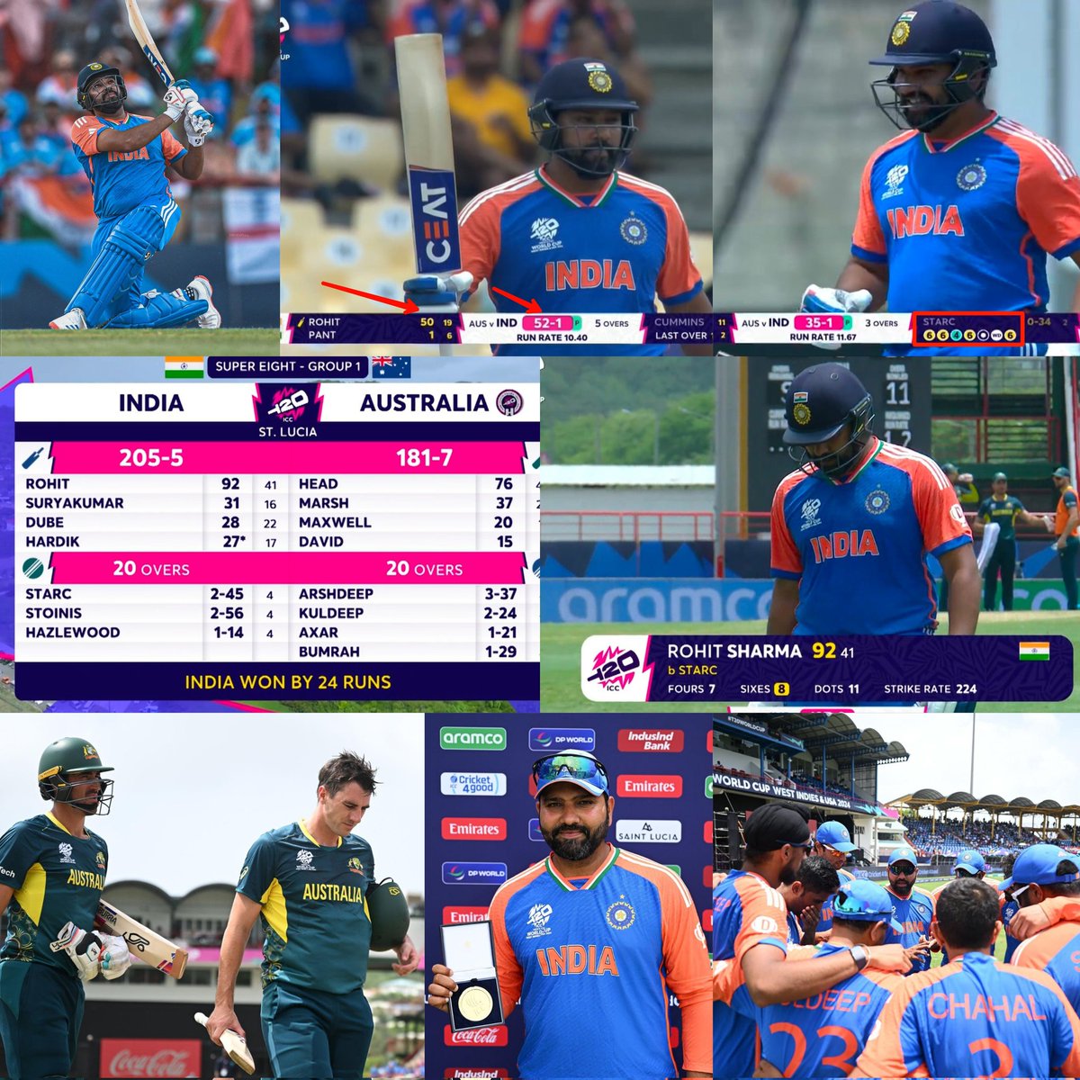 #OnThisDay in 2024

Before the match... 
"We need to win the next match and there is no better team to do it" - Mitchell Marsh

During match, 𝗥𝗼𝗵𝗶𝘁 𝗦𝗵𝗮𝗿𝗺𝗮 Smashed 92 (41)

India Knockedout Australia from 2024 T20 Worldcup!

- Rohit Reached 50 runs in 5th over
- Smashed