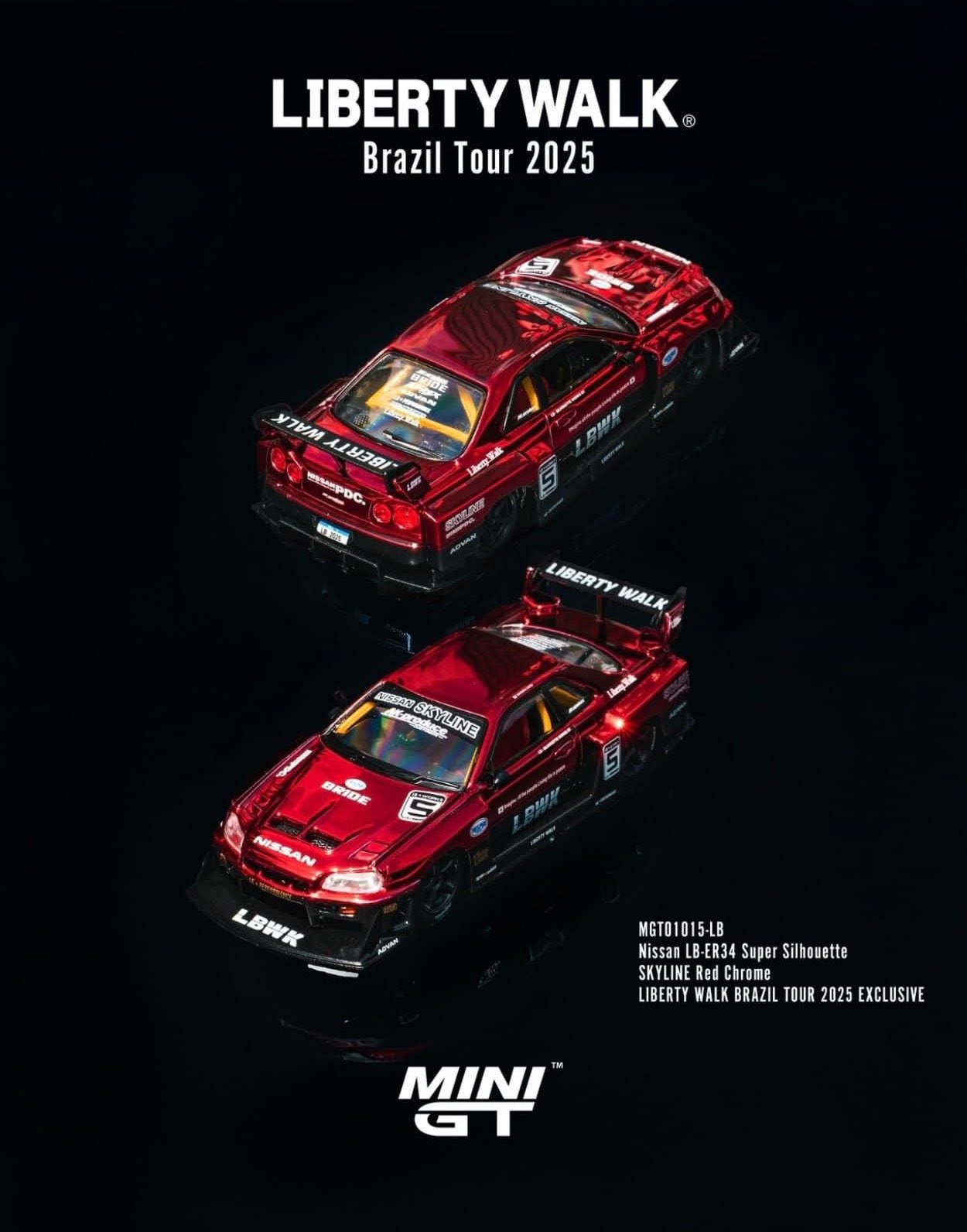 MiniGt リバティーウォーク ブラジルツアー Lb Er34 レッドクローム MINI GT NISSAN LB-ER34 SUPER SILHOUETTE SKYLINE BRAZIL TOUR