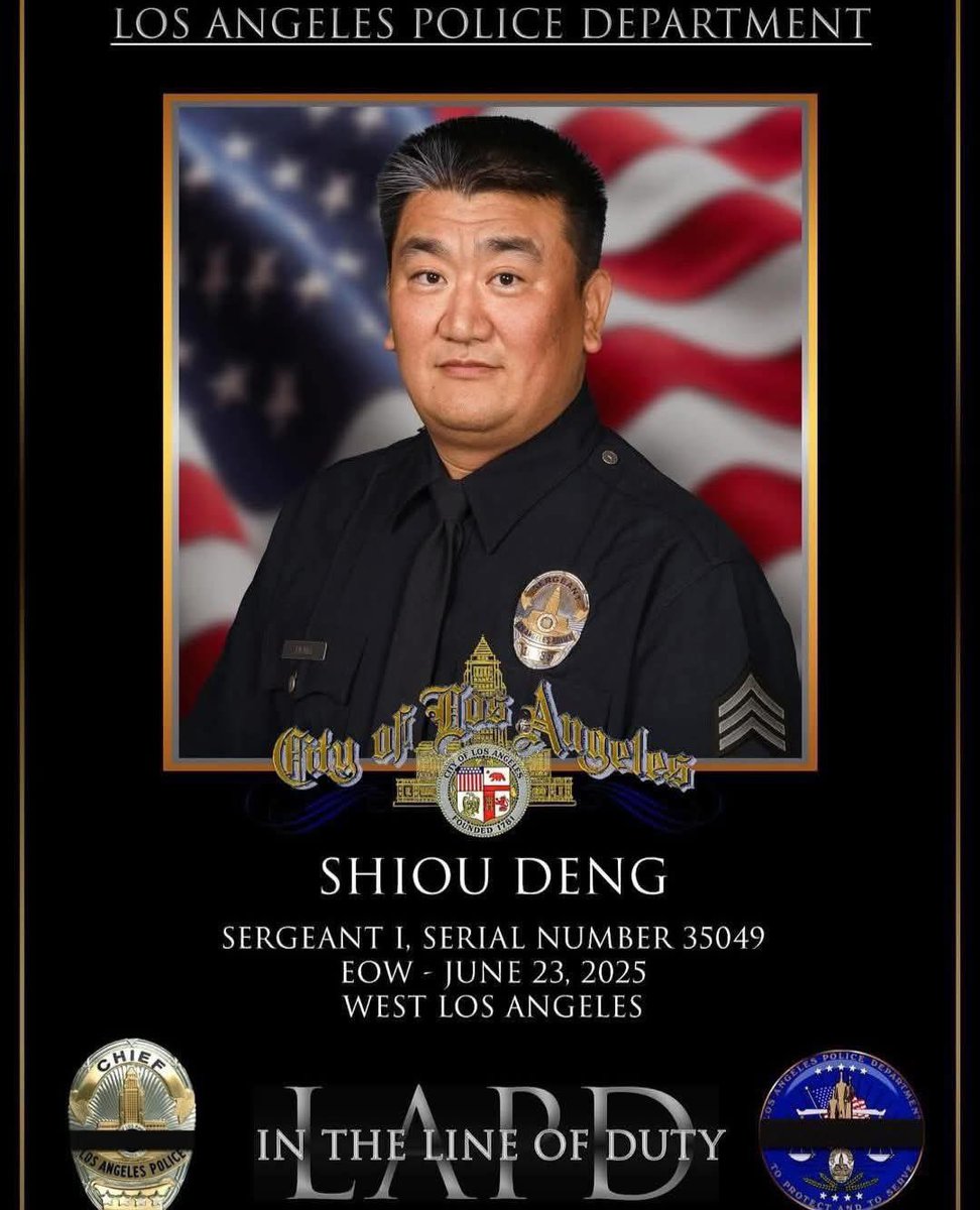 LAPDETingirides's tweet image. We are heartbroken by the loss of LAPD Sgt. Shiou Deng, who was tragically killed this morning after stopping to help others. His smile, compassion, and service will never be forgotten.
Rest in peace, Sgt. Deng. 💙🕊️
#LAPD #FallenHero #EndOfWatch
