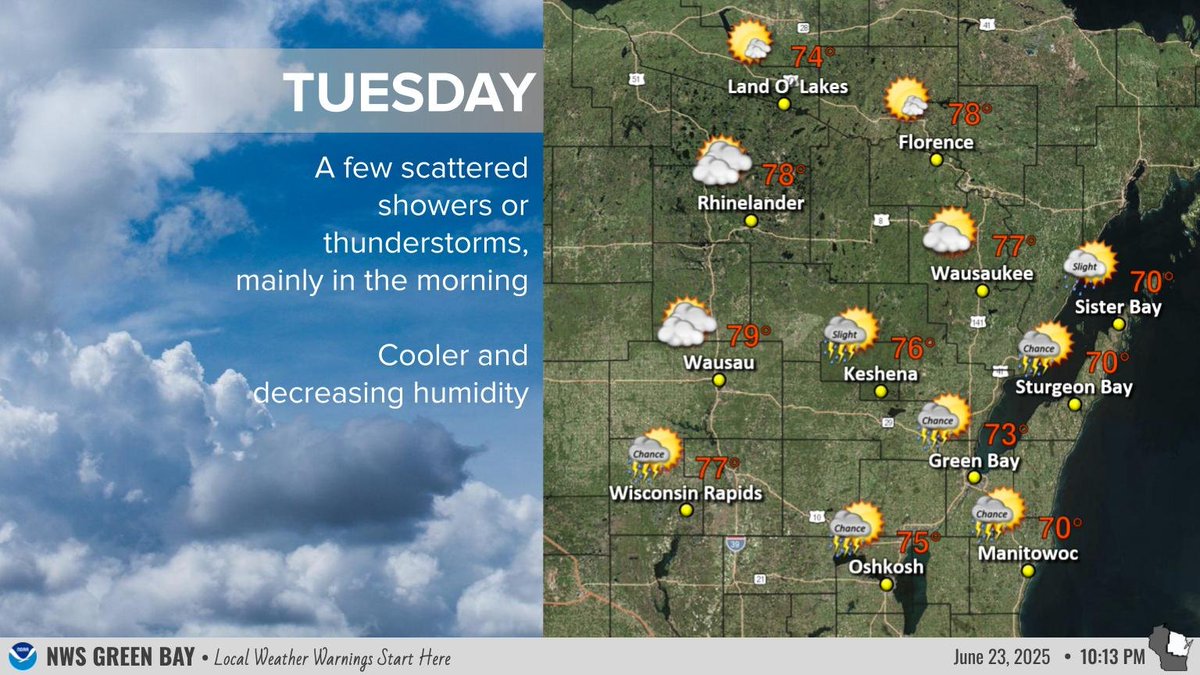 A few scattered showers and thunderstorms are likely to pop-up Tuesday morning. Not all locations will get rain or thunder, with scattered areas from central into northeast WI. North-central WI looks dry. Meanwhile, temps will be cooler. 
#wiwx