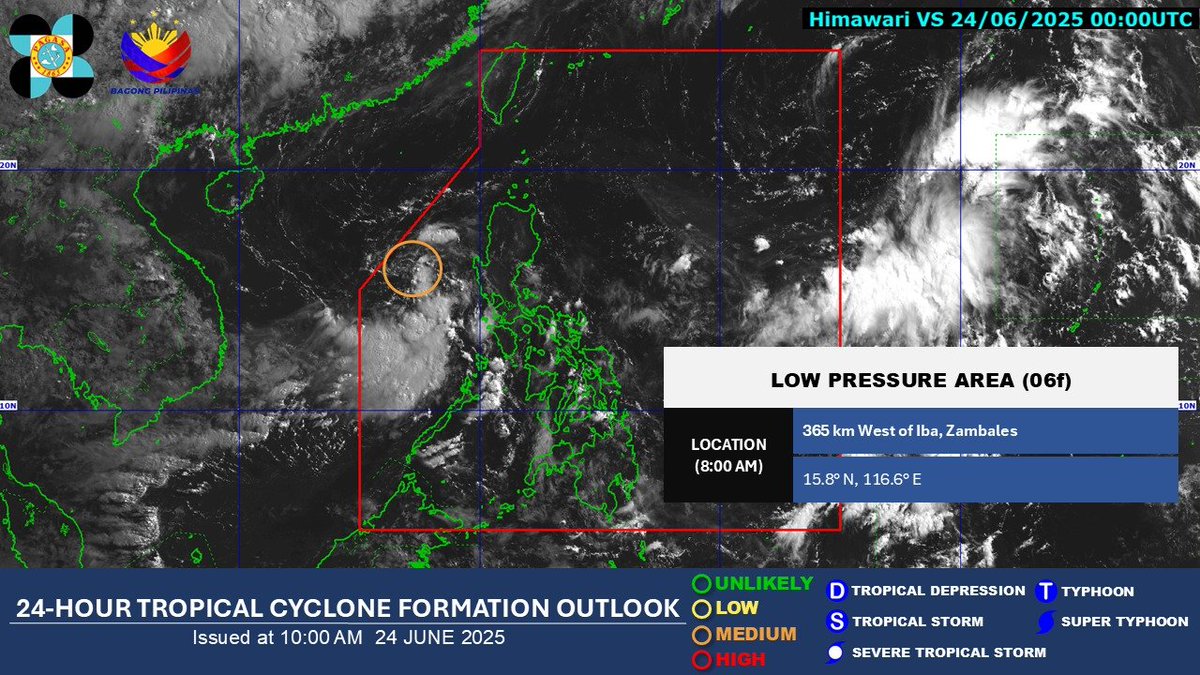 WEATHER WATCH: The low pressure area being monitored within the Philippine Area of Responsibility is now moving farther away from Luzon. It was last spotted 365 km west of Iba, Zambales.

According to PAGASA, it has a medium chance of developing into a tropical depression within