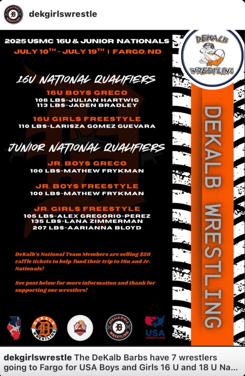 7 Barbs will be representing Team IL this July @ USA Wrestling 16U &amp; Jr. Nationals. The cost to attend nationals is $1,100–$1,300. Please consider buying a $20 raffle ticket—win $100/day in August (based on IL Lottery)! Thank you!
🔗 zeffy.com/en-US/ticketin…
#TeamIL#Fargo2025