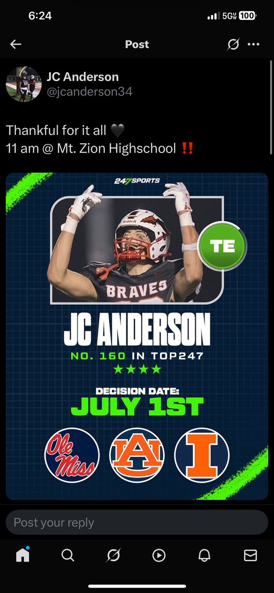 Next Tuesday @ 11am!
MTZ HS is the place where <a href="/jcanderson34/">JC Anderson</a> makes his announcement!
I will be there &amp; have full coverage of this epic day for dude JC!! 💙🏈💪
<a href="/ladyrdskin34/">Becky Clayton-Anderson</a> <a href="/JAlanAnderson42/">MtZ Guy</a> <a href="/_denveranderson/">Denver</a> <a href="/patricketherton/">Patrick Etherton</a>