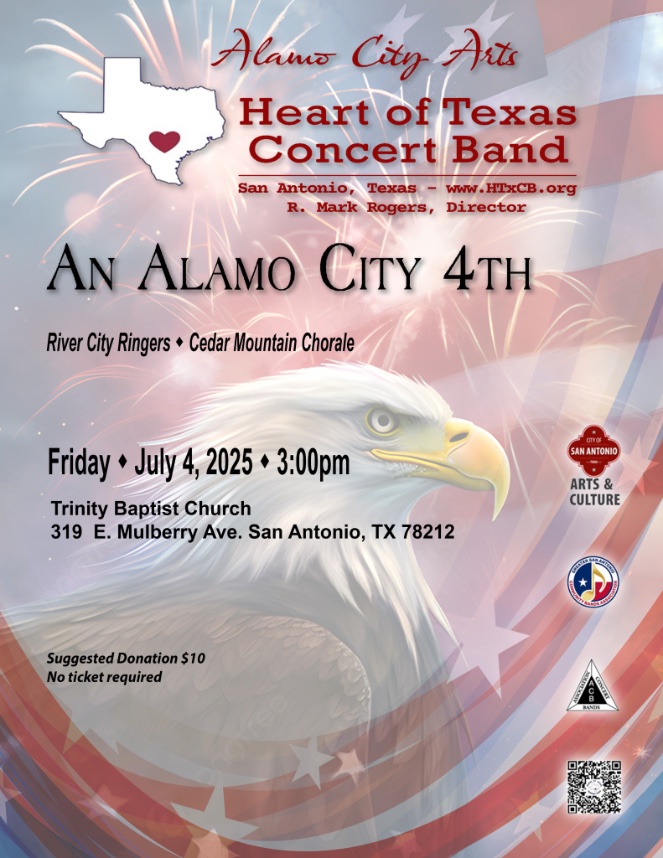 htxcb's tweet image. HTxCB
An Alamo City 4th
Fri July 4  3 PM

Trinity Baptist Church
319 E Mulberry Ave
SA, TX 78212

River City Ringers, Stevie Berryman
Cedar Mountain Chorale,  Gary Mabry
guest  Second Lieutenant B. Drew Eary

 live-stream: vimeo.com/event/5177323

heartoftexasconcertband.org